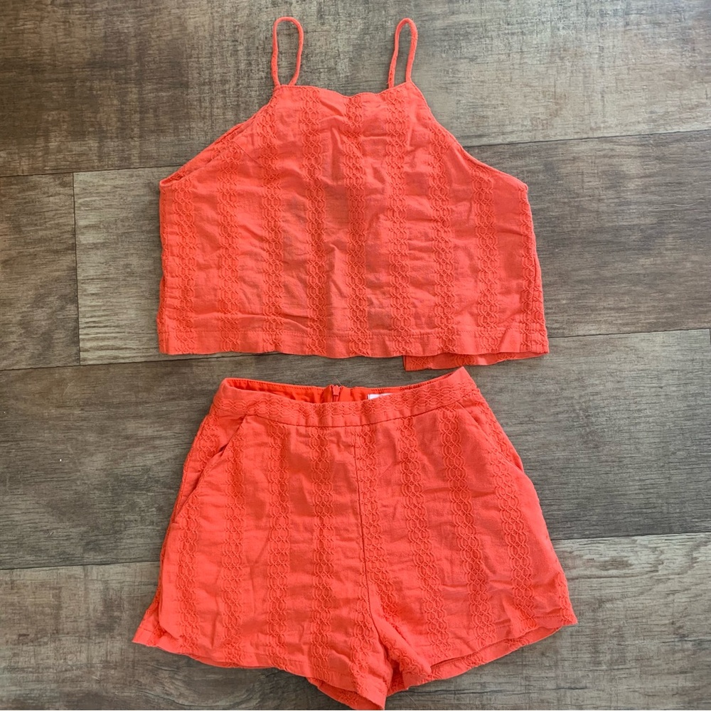 LUSH linen like orange high waisted shorts and cropped tank outfit